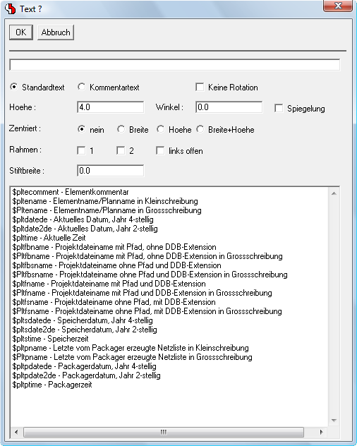 BAE Version 7.6: Schaltplaneditor - Dialog "Neuer Text" mit Eingabeelementen f&uuml;r Texteigenschaften